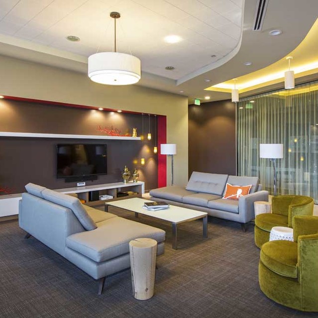 Cadence Union Station Apartments - Modern Living Room with Gray Sofas, Green Chairs, Coffee Table, and All-Mounted Television.  