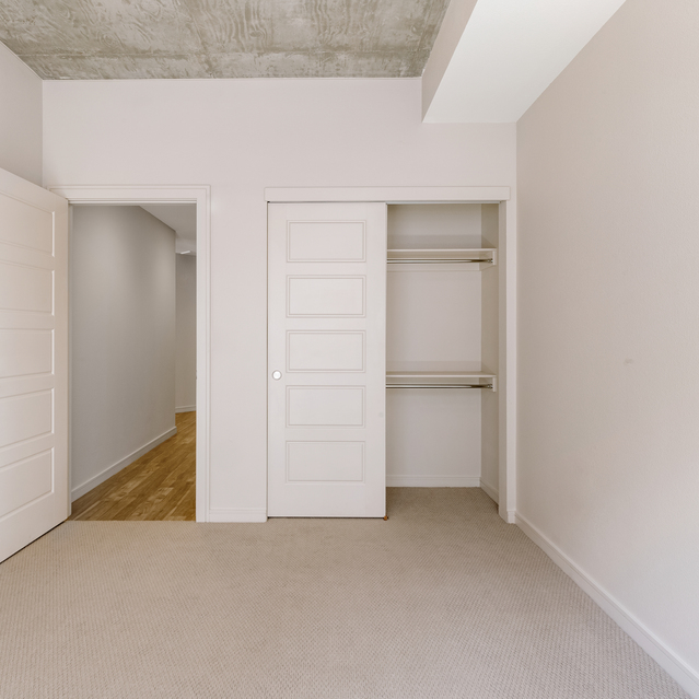 Cadence Union Station Apartments - Empty Room with Beige Carpet, White Walls, Open Closet with Shelves, and Doorway to Hallway with Wooden Floor