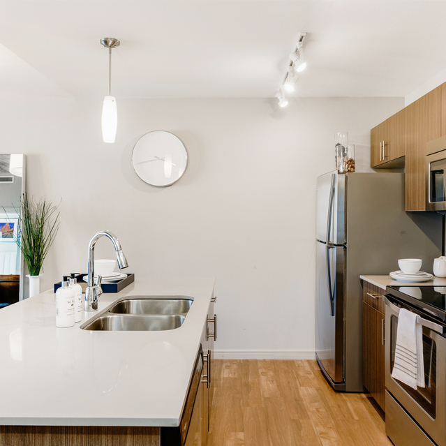 Cadence Union Station Apartments - Modern Kitchen with Stainless Appliances and Wooden Cabinets 